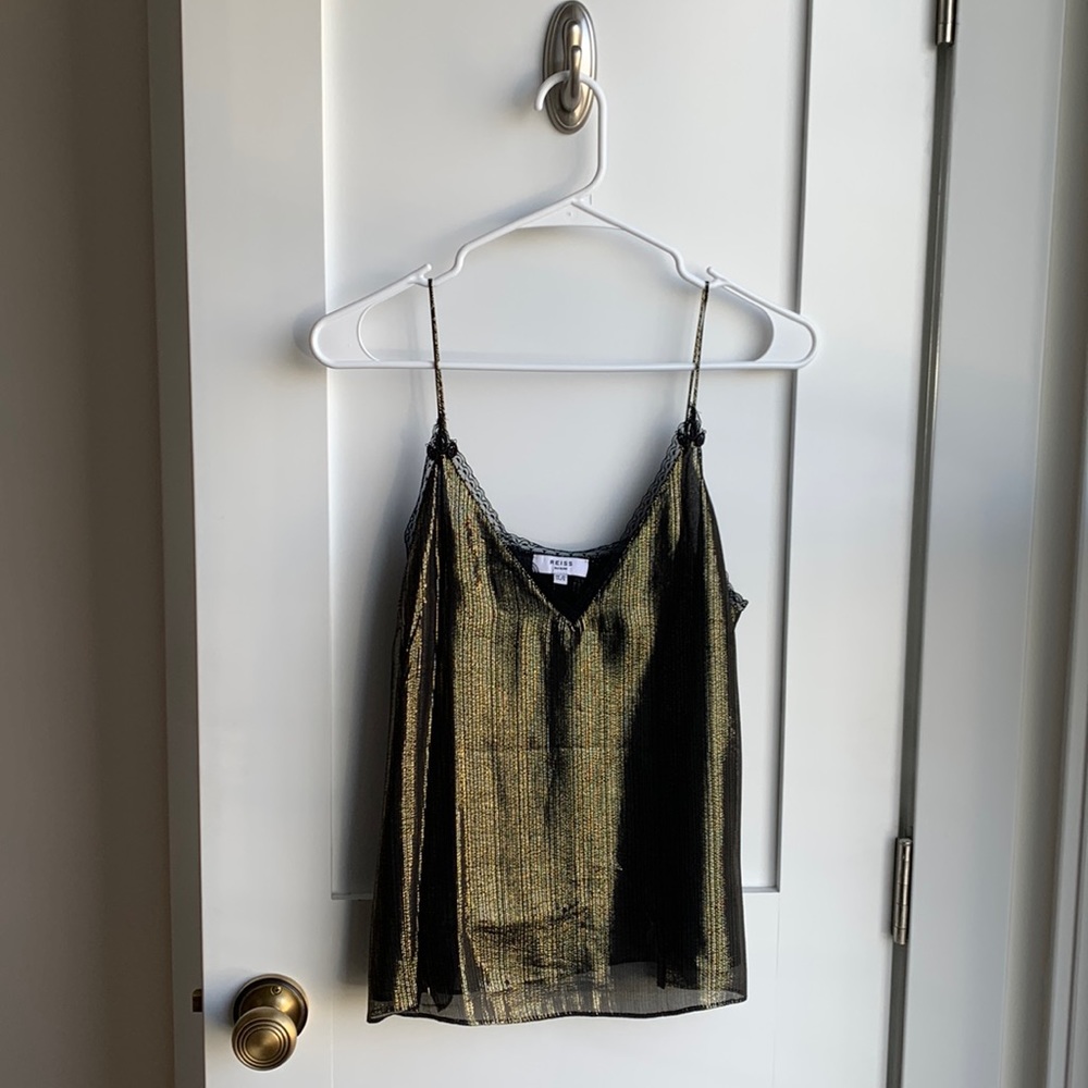 REISS Elianna Metallic Silk Blend Lace Trim Camisole (Size 6)